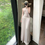 French Retro Splicing Lace Side-Husted Neck Dress Beautiful Beautiful Beautiful Beautiful Waist Skirt