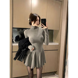 Pure Hot Girl High Collared Long-Sleeved Dress Women 2025 Autumn And Winter New Waist-Buffy Skirts Thin Skirt