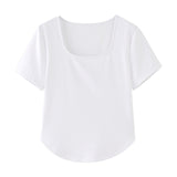 Positive Shoulder Short-Sleeved T-Shirt Women Simple Design Sense Of Summer Pure Wind Irregular Square Collar Showing Thin Sweet Short Blouse