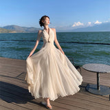 Gentle Wind Romantic Sleeveless V-Neck Hanging Neck Dress Design Twistle Folds To The Waist Dress Seaside Skirt