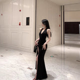 Birthday Ball Hanging Neck Dress Woman Hepburn High-End Small Dress Holiday Style Slim Skiny Sexy Long Dress