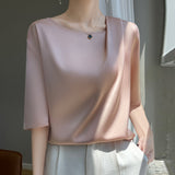Silk Satin Paste Acetic Acid 2026 Spring And Summer New Women's Five-Sleeve Collar Loose T-Shirt Short-Sleeved Top