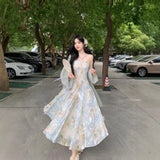 Vintage Oil Painting Style Print Sling Dress Summer Atmosphere Super Fairy Romantic High-Rise Thin Dress Temperament Dress