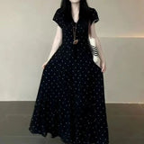 Large-Size French Temperament V-Neck Wave Point Closing Dress Women Summer Fat Mm Pear Shape Body Large Thin Black Dress