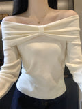One-Word Collar Bow Design Long-Sleeved Knitted Shirt Women Autumn 2025 New Pure Hot Girl Bare Shoulder