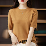 Wool Blending 2026 Autumn And Winter New Women's Round Collar Collar Drawing Solid Color Hollow Top Five-Sleeve Knitted Shirt