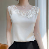 Silk Satin 2026 Spring And Summer New Women's Rounded Sleeveless Vest T-Shirt Mesh Spliced Tops And Bottom Shirts