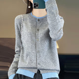 Fine-Woven Wool 2026 Autumn And Winter Women's New Loose Round-Neck Color Short Fake Two Bottom Blouse Knitted Open Shirt