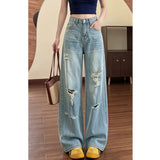 Designing Light Blue To Make Old Ripped Jeans Women's Summer High Street Broad-Legged Trousers Cool Breeze Straight Trousers