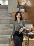 Autumn And Winter With Pure Temperament Tight Short V Tie With Long-Sleeved T-Shirt Slimy Sexy Top