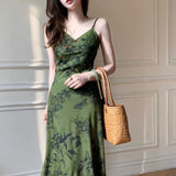 Summer New Chinese Ink Green High-Rise Sleeveless Sleeveless Sleeveless Skirt Woman With Thin Waist And Thin Dress Woman