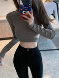 Sexy Lumen Hollow Slimmed-Up Girlins Slimming Design Reveals Short Umbilly Blouse Long-Sleeved Bottom Shirt