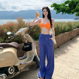 High-Rise Broad Leg Trousers Women's Seaside Vacation Sexy Bumpy Wear Lazy Trousers Blue Striped Pants