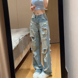 Vintage Straight Hole-Creed Jeans Women Summer Thin Tall Man Lengthy Loose Thin Beggar Drag Trousers