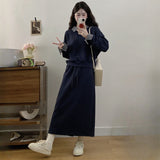 Large-Size Gray Fake Two-Piece Jacket Half-Dress Two Sets Of Women's Autumn And Winter Fat Mm Thin Meat Casual Skirt Set