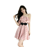 Sweet Girl Wind Pink Oblique Shoulder Dress Girl Early Spring New Wave Lotus Leaf Side Bow Bow Waist Skirt