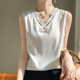 Silk Satin 2026 Spring And Summer Women's New V-Neck Sleeveless Small Vest T-Shirt Fashion With Loose Slings