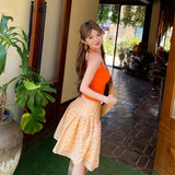 Yunnan Sanya Seaside Holiday Set Dopamine Orange Hanging Sling High Waist Crumb Skirt Two Sets