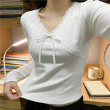 2026 Spring And Autumn Korean Version V-Neck Pure Desired Lace Stitched Cross-Lace Long-Sleeved Bottom T-Shirt Short Top Woman