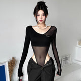 Sexy Yarn Long-Sleeved Conjoined Woman Design Sense Thin Splicing Hottie Tops Small Spring And Autumn