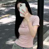 V Collar Kinetic Design T-Shirt Girl Summer Pure Hot Girl Short-Sleeved Bottom Shirt Slim Thin Top Woman