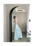 French Gentle Temperament Blue Broken Flower Sling Dress Seaside Holiday Beautiful Unique Waist A Word Long Skirt