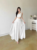 French White Sleeveless Slanted Shoulder Dress Women's Summer Design Long Dress Holiday Dress