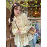 Sweetheart Bow Lace Long-Sleeved Shirt For Women's Summer 2025 New Retro Bubble Sleeves Loose Polo Collar Top