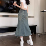 Fishtail Irregular Opening Cowboy Half-Dress Girl Retro Blue Lace Wave High Waist Small Hot Babes Bag Hip Skirt