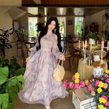 French Temperament Out-Shoulder Butterfly Print Long-Sleeved Dress Women Spring And Summer High-Grade Feeling Irregular Lotus Leaf Side Long Skirt