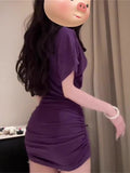 Purple Sexy Short-Sleeved Dress Women Summer Folds Design Small Pure Babes To Collect Thin Bag Of Hips