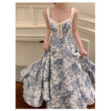 French Floral Sling Dress Dress Women's 2025 Summer New Age-Down Blue Dress Waist A Word Long Dress