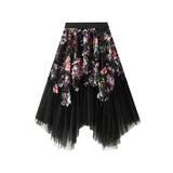 Dress Court Print Irregular Net Yarn Skirt Dress Temperament Fairy Dress Mid-Length Skirt Sweet 1503
