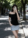 Tibetan Blue Collar Bare Shoulder Short-Sleeved T-Shirt Girl Slim 2026 New Summer Bottoming Shirt Sweet Spicy Short Top
