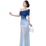 One-Word Shoulder Blue Gradient Tset-Mear Dress High-End Feel Waist-Buffed Fishtail Seaside Holiday Dress