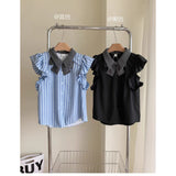 College Style Small Flying Sleeve Bow Striped Shirt Female Summer Design Sense Small Poneng Short Skirt Two Sets