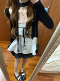 Sweet Sister College Style Black Long-Sleeved Knitted Shirt Coat + Bow Sling Suit + Wave Point Skirt Three-Piece Set
