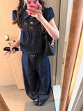 Summer New Korean Wears A Complete Set Of Denim Shirt Tops Short-Sleeved Women's Casual Broad Leg Pants Academy Style Suit