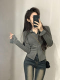 Spring And Autumn Polo Collar Pure Lustful Design Long-Sleeved Shirt Girl Thin Shoulder Hottie Top