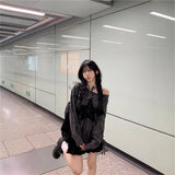 Lazy Wind Black Hoodie Design Feels Shoulder Long-Sleeved T-Shirt Women's Spring Small Loose Drawstring Strapping
