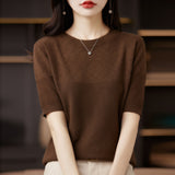 Wool Blending 2026 Autumn And Winter New Women's Round Collar Collar Drawing Solid Color Hollow Top Five-Sleeve Knitted Shirt