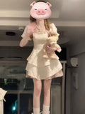 [Original Quality] New Korean Version Of The Fashion Waist Thin Short Sleeves With Bow Ponpong Dress Women Short