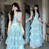 French Holiday Style Mint Green Crumlode Dress Women Summer Small Design Feel Waist Thin Cake Dress