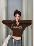 Letter-Print Collared Long-Sleeved Women's T-Shirt Design Feels The New Autumn Slimming Sweet Hottie Short Top