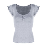 Grey Double Wooden Ear U Collar Small Flying Sleeve T-Shirt Women's Spring Design Sense Slimming Straight Shoulder Coat
