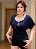 Pure Hottie V-Neck T-Shirt With Short-Sleeved Top Woman Summer Lace Hanging Neck Sling Sexy Two-Piece