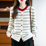 100% Pure Wool 2026 Autumn And Winter New Women's Loose Round-Collar Striped Buckle Knitted Open Shirt Coat