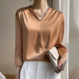 Silk Satin 2026 Summer Women's New Short Satin Shirt V Collar Simple Nine-Sleeve Temperament Match French Top