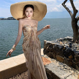 French Beauty Slings With A Dress Summer Fairy Mesh Print Temperament Lanky Seaside Holiday Dress