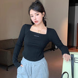 Design Sense Collar Fish Bone Shoulder Long Sleeve Bottom Shirt In Autumn New Korean Version Slim Thin Short Top
